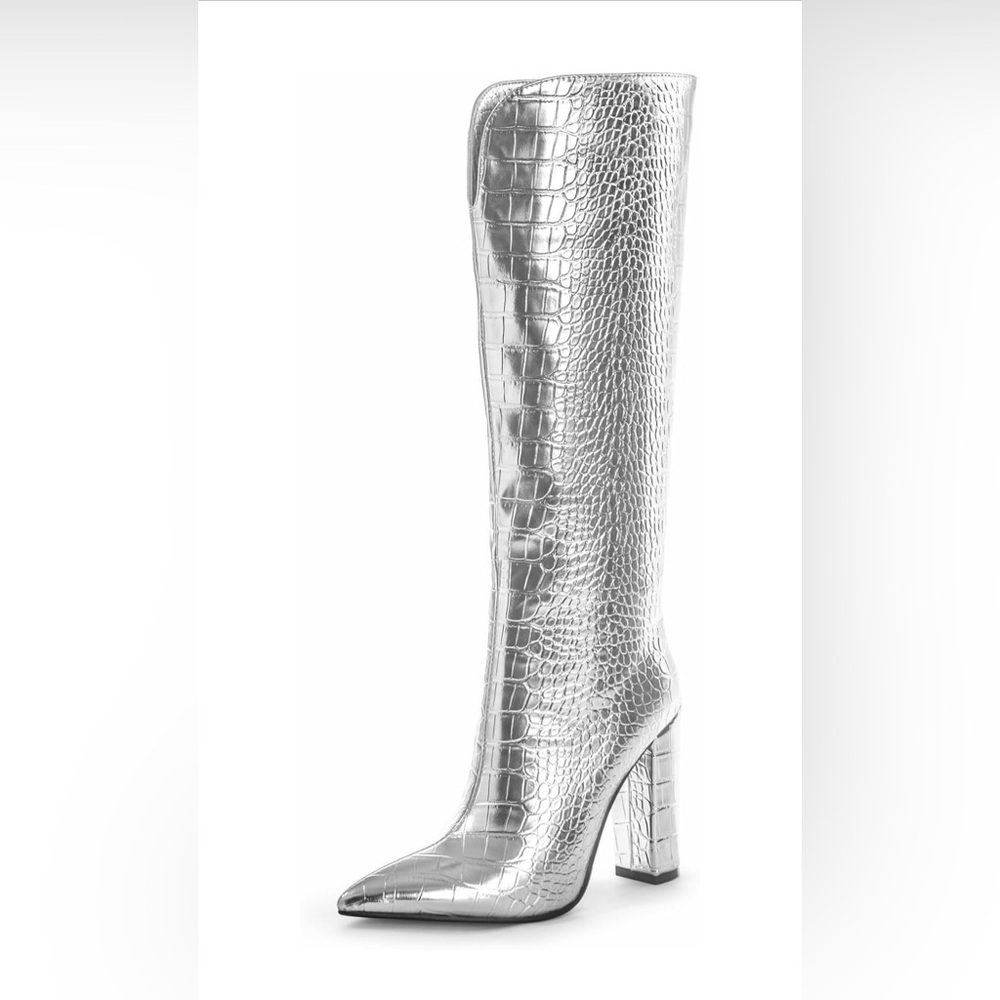 Silver Crocodile-Embossed Women's Knee High Boots